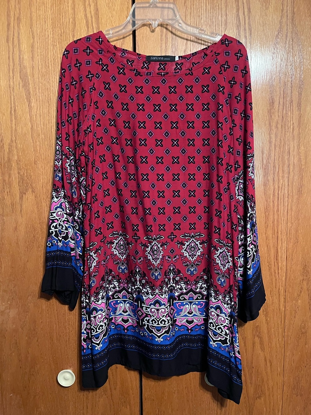 Zanzea Red Boho Printed Tunic with Multicolor Border